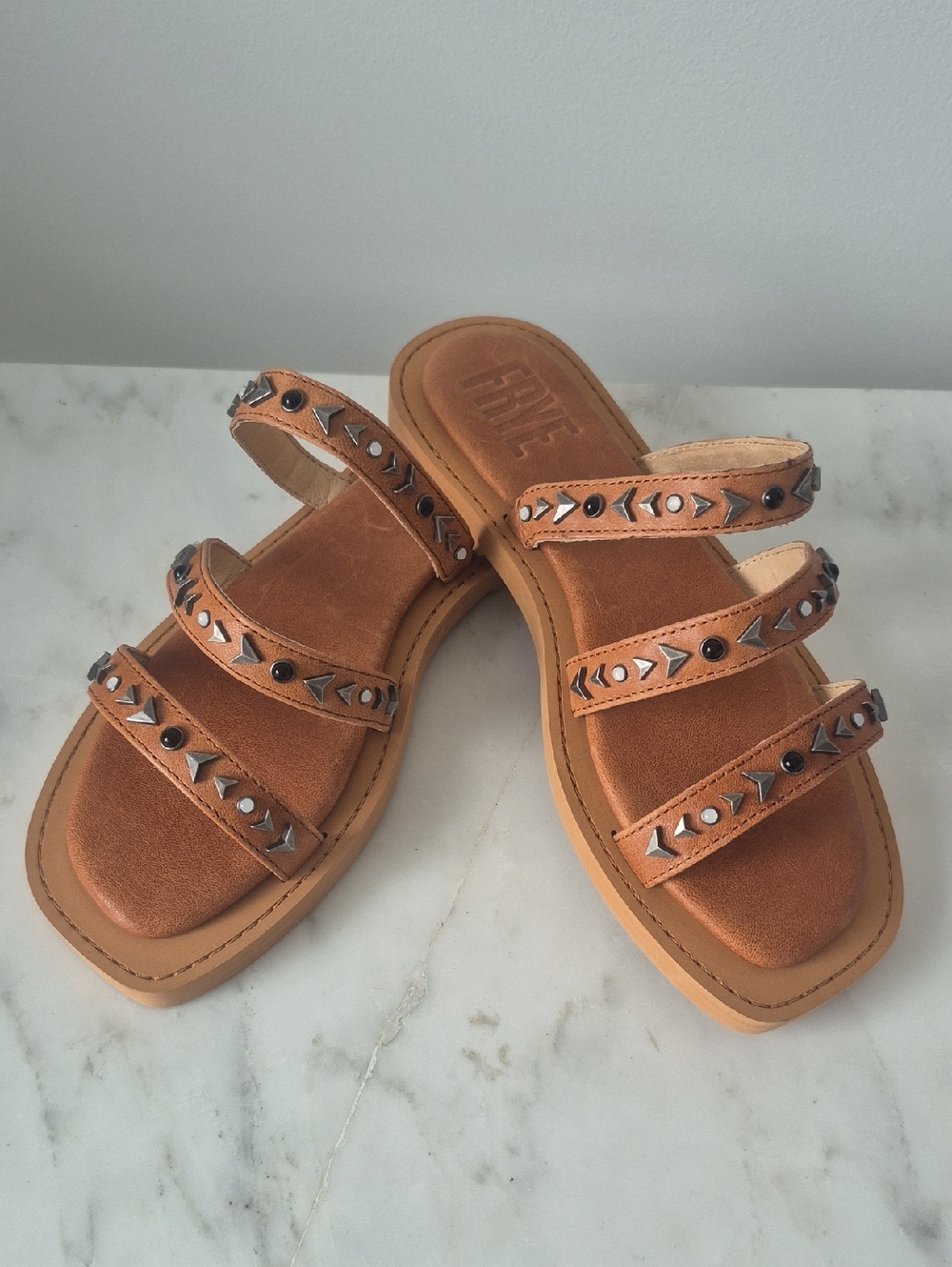 Frye Tan Triple-Stud Leather Slide Sandals